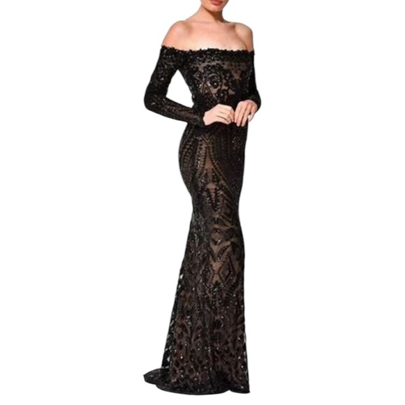 NWT Nadine Merabi Arabella Off The Shoulder Sequin Maxi Dress Black Size 10 - Picture 4 of 13